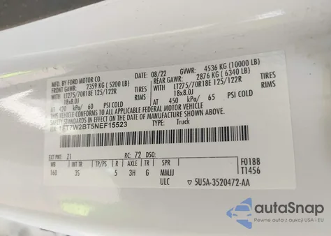 2022 Ford F-250 Xlt z USA, uszkodzony, nr VIN 1FT7W2BT5NEF15523